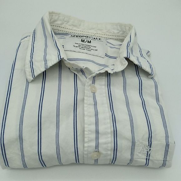 Aeropostale A87 Medium Men's White Striped Button Up Long Sleeve Shirt Cotton - Picture 8 of 8